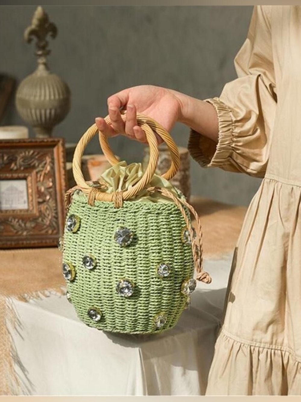 Zara Rhinestone Crystal Embellished Mini Straw Bucket Bag- - Picture 5 of 17